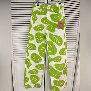Wide leg green smiley face print jeans size xs NWT